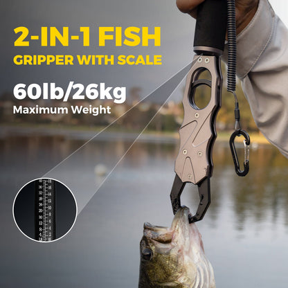 2-in-1 Fish Lip Gripper, One-Finger Operation, Aluminum Fish Gripper with Scale