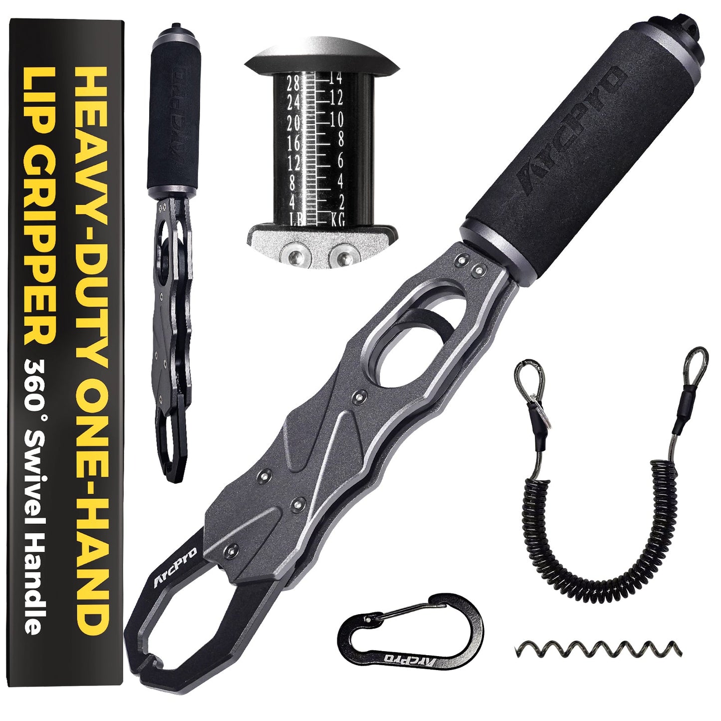 2-in-1 Fish Lip Gripper, One-Finger Operation, Aluminum Fish Gripper with Scale